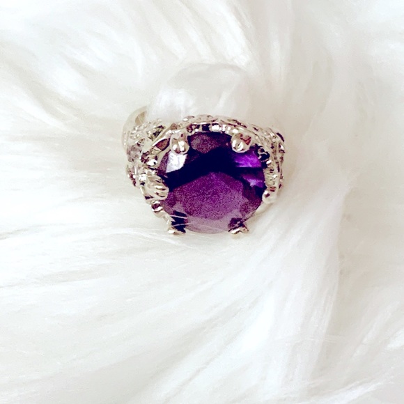 Simulated Amethyst Hearts Silver Ring - Picture 1 of 6